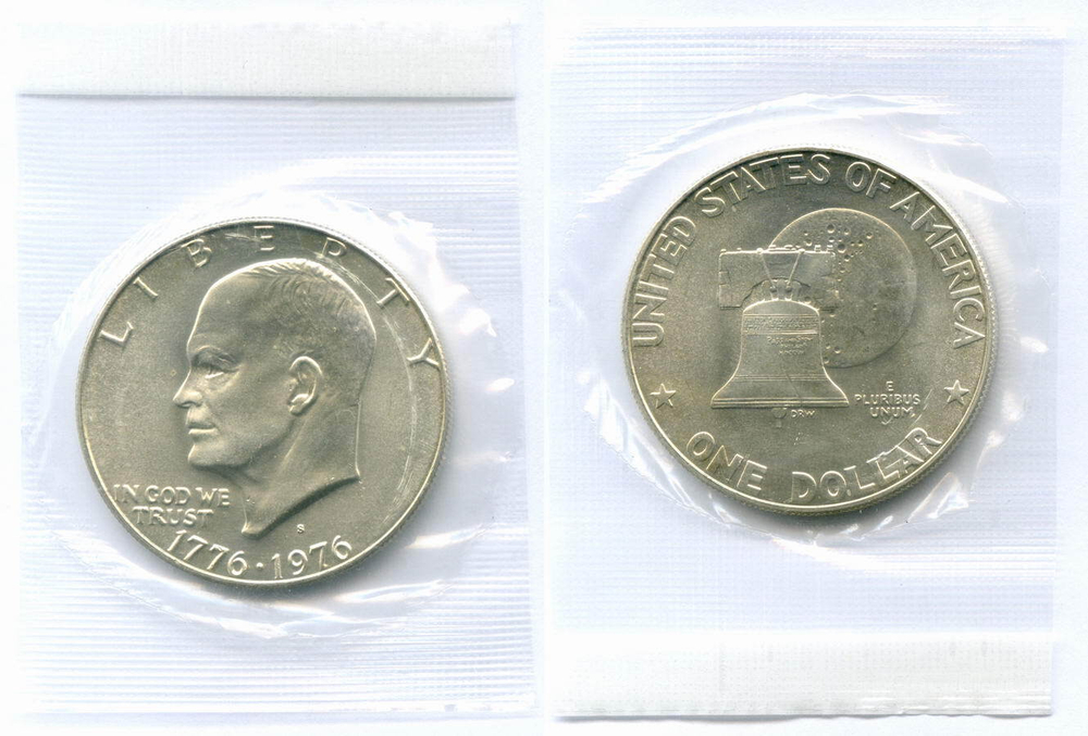 1 доллар 1976 год (S). США. 200-летие Декларации независимости. Серебро, диаметр 38.1 мм. UNC в родной запайке