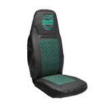 Чехлы VOLVO FH-13 после 2018 года: 2 высоких сиденья, ремни из сиденья (есть вырезы под ремень) (экокожа, черный, зеленая вставка)