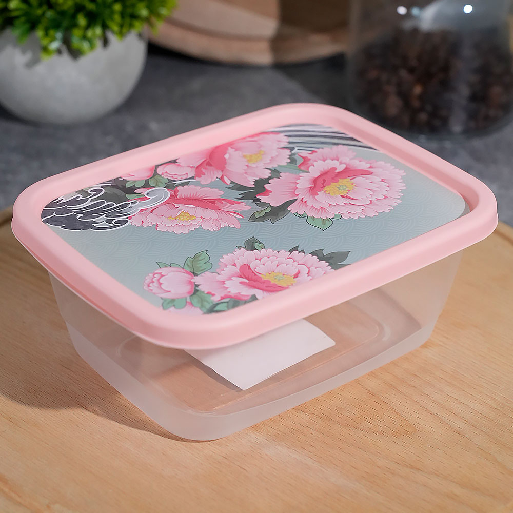 Контейнер для продуктов 0,85л прямоугольный "Сад пионов", розовый