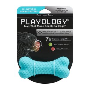 Двухслойная жевательная косточка Playology DUAL LAYER BONE для собак средних пород с ароматом арахиса, средняя, цвет голубой