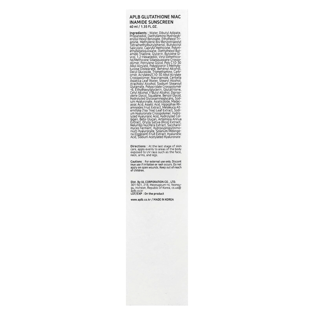 APLB, Glutathione Niacinamide, Sunscreen, SPF 50+ PA ++++, 1.35 fl oz (40 ml)