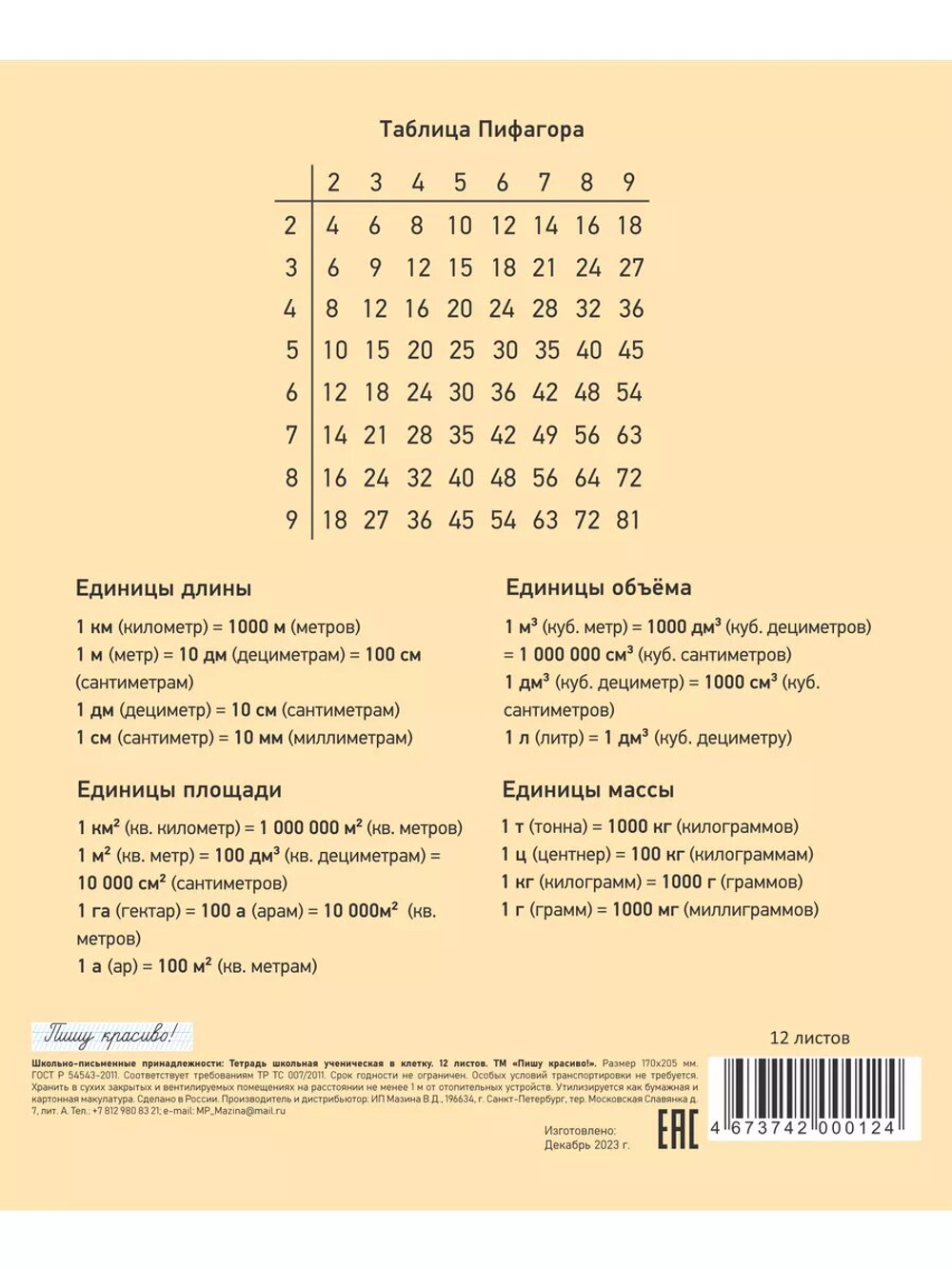 Набор тетрадей в клетку (таблица Пифагора), 12 л, обложка персик, 20 шт