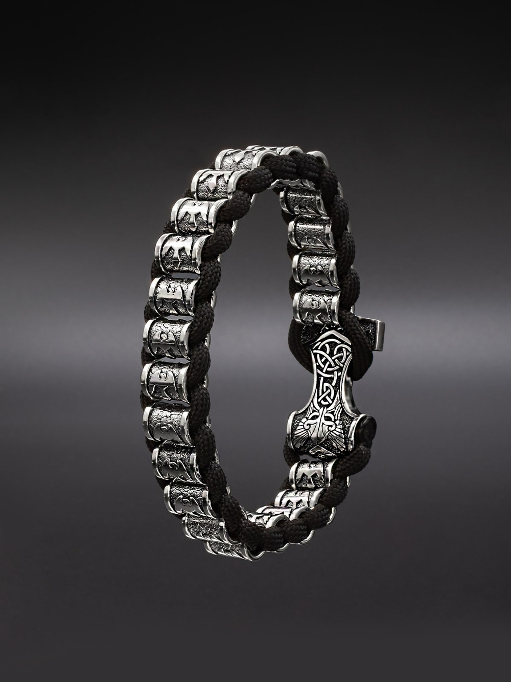 Браслет Ворон из серебра 925 пробы с застежкой молот Тора