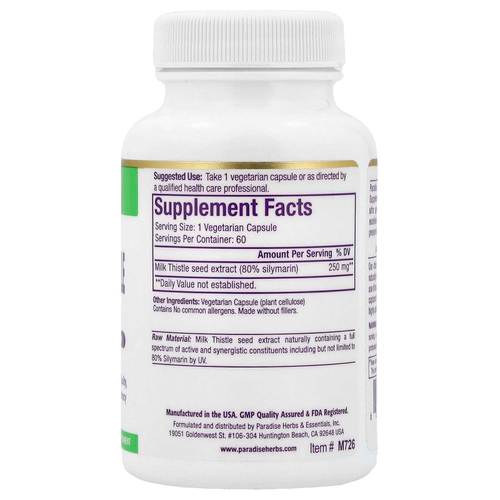Paradise Herbs, Экстракт расторопши, 60 вегетарианских капсул (250 мг на капсулу)