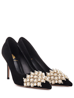 Женские туфли замшевые черные с жемчугом