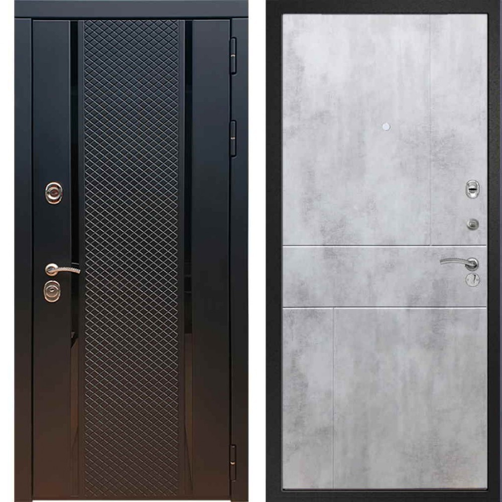 Входная металлическая дверь с зеркалом RеX (РЕКС) 25 кварц черный, фурнитура хром/ ФЛ-290 Бетон светлый