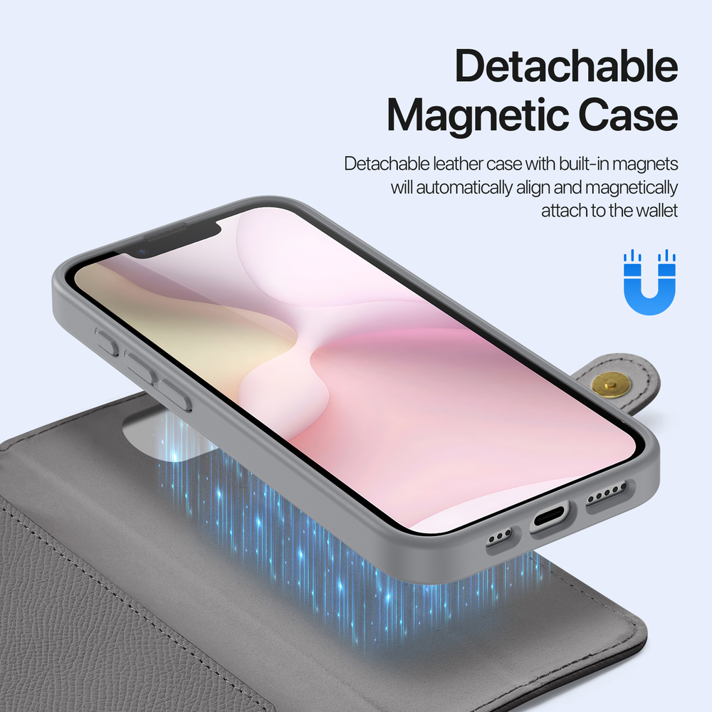 Чехол кошелек с MagSafe из TPU кожи серого цвета от Dux Ducis для iPhone 16e, SE (с 2025-), серия Lawa Series Case