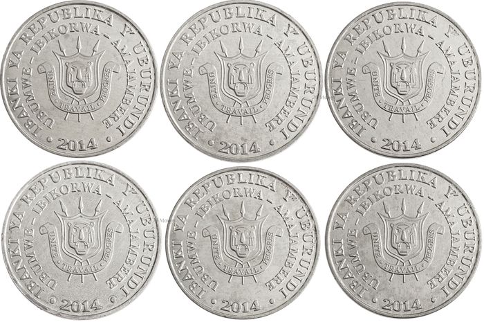 Набор из 6 монет Бурунди серии «Птицы» (5 франков 2014 года)