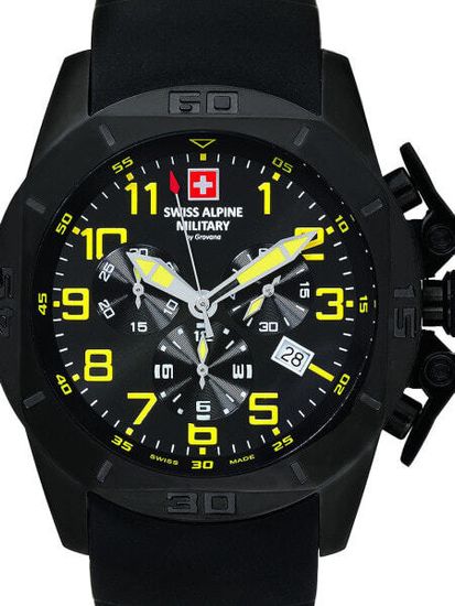 С ремешком Мужские наручные часы с черным силиконовым ремешком Swiss Alpine Military 7063.9874 chrono 45mm 10ATM