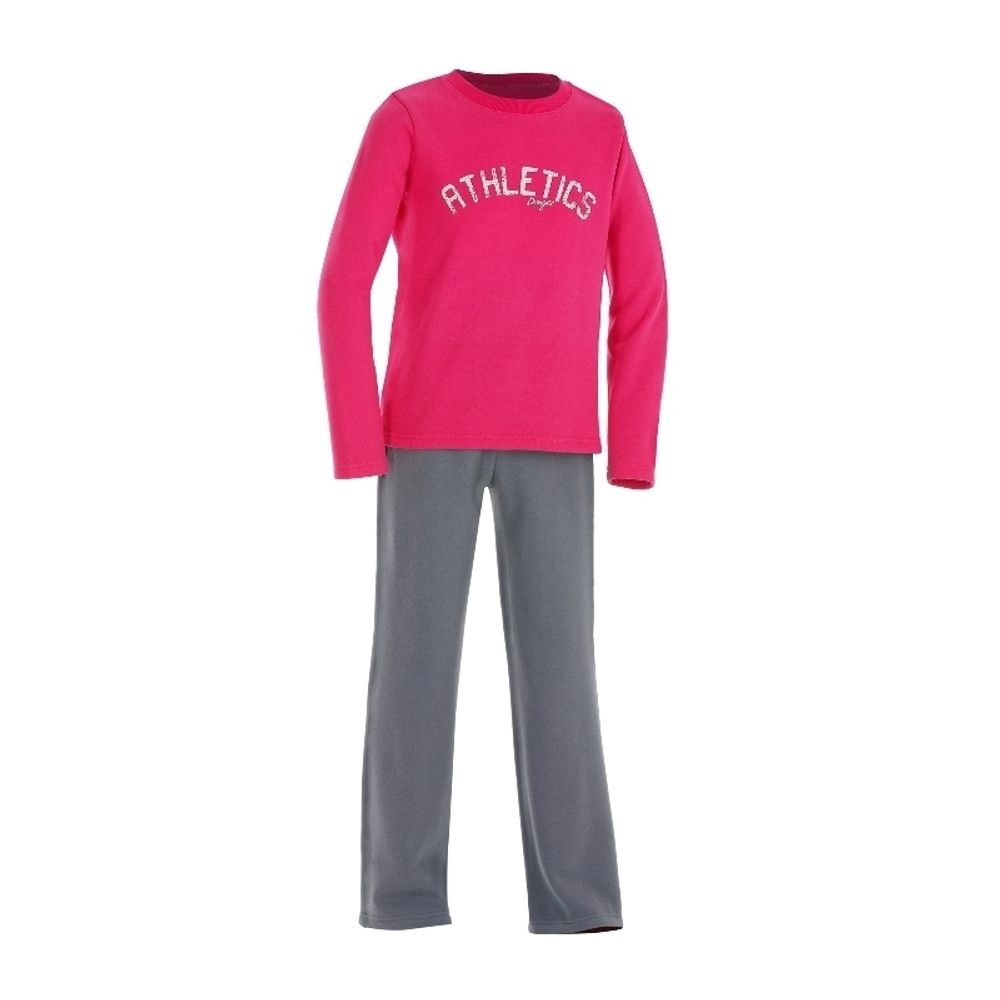 Костюм из серых брюк и яркой толстовки с надписью ATHLETICS