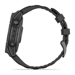 Спортивные часы Garmin fenix E, 47 мм, AMOLED, синевато-серый безель, чёрный силиконовый ремешок Безель из нержавеющей стали, AMOLED-дисплей со стеклом Gorilla Glass. Ремешок с классической застёжкой — на запястье обхватом 125–208 мм