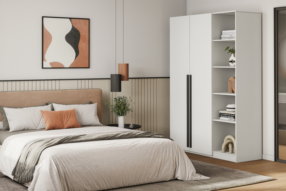 Распашной двухсекционный шкаф Лорена Пакс-2.1 со стеллажом Белый Фасадный 0101 120*50*210 см, Белый   Фиеста