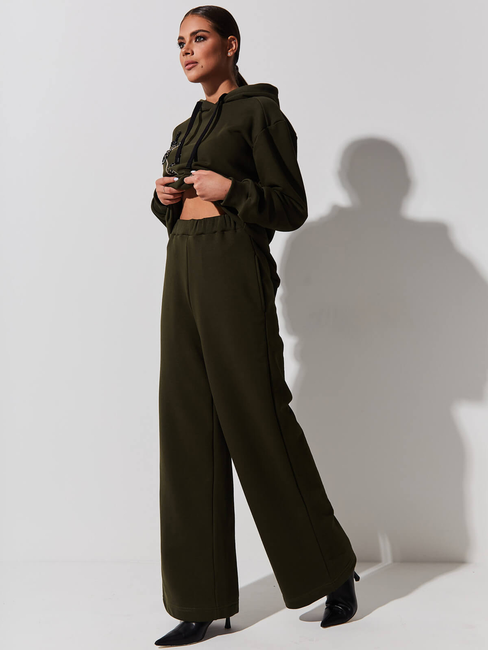 Брюки трикотажные палаццо, хаки