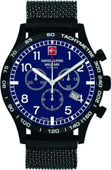 С браслетом Мужские наручные часы с черным браслетом  Swiss Alpine Military 1746.9175 chrono 43mm 10ATM