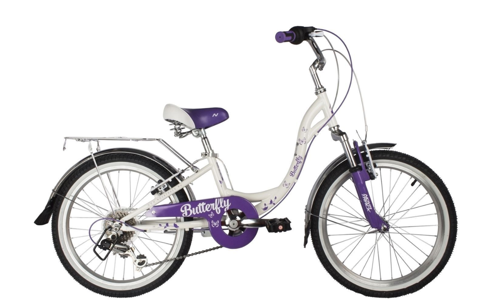 Велосипед Novatrack 20" BUTTERFLY, белый фиолетовый, алюм.6ск.TY21/RS35/SG-6SI, V-brake, багажник