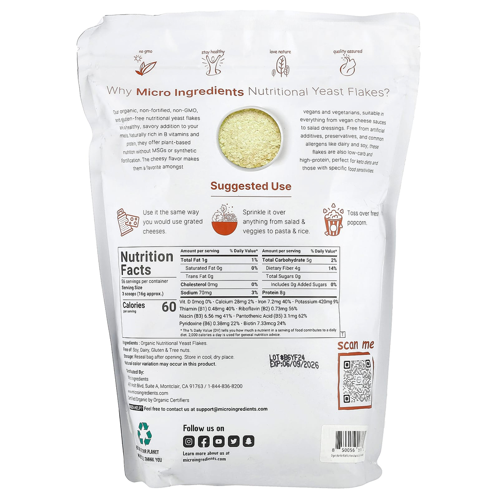 Micro Ingredients, Органические пищевые дрожжи в хлопьях, 907 г (2 фунта)