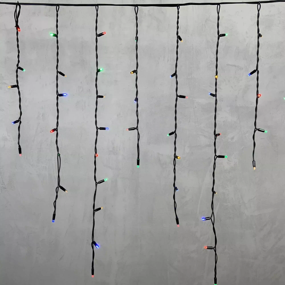 Светодиодная бахрома с колпачком 3,2*0,9 м., 168 разноцветных LED ламп, каучуковый черный провод, LTC (LL168-1-2M)