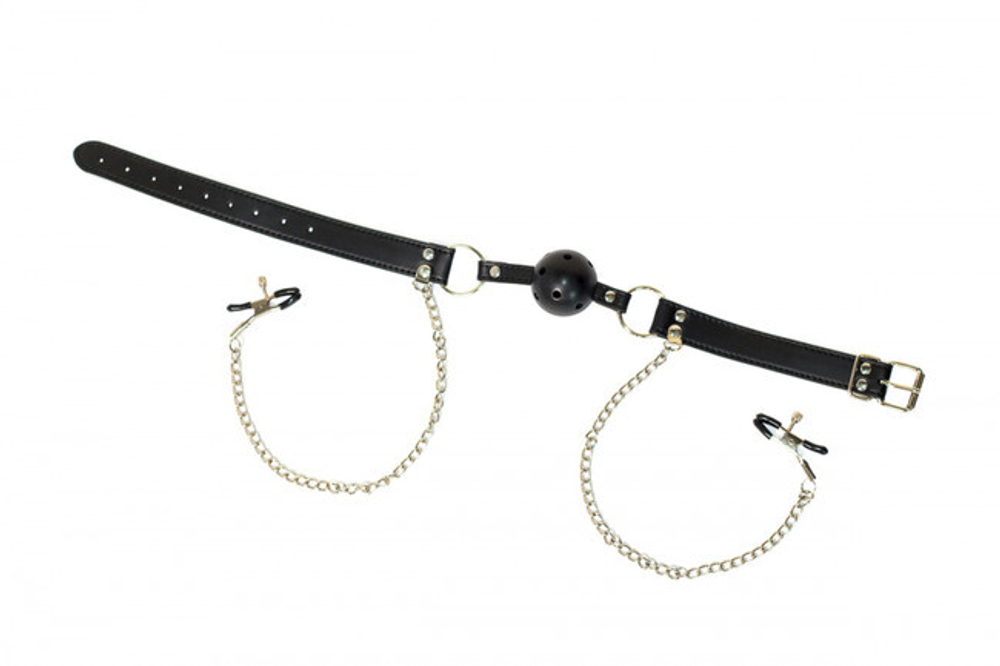 Кляп с зажимами на соски Party Hard Gratitude (Цвет: черный)