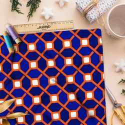 Ткань шифон синий графичный узор с оранжевыми полосами