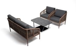 "Канны" лаунж-зона 4-местная из роупа со столом "Верона" (серый гранит), каркас алюминиевый коричневый, роуп коричневый