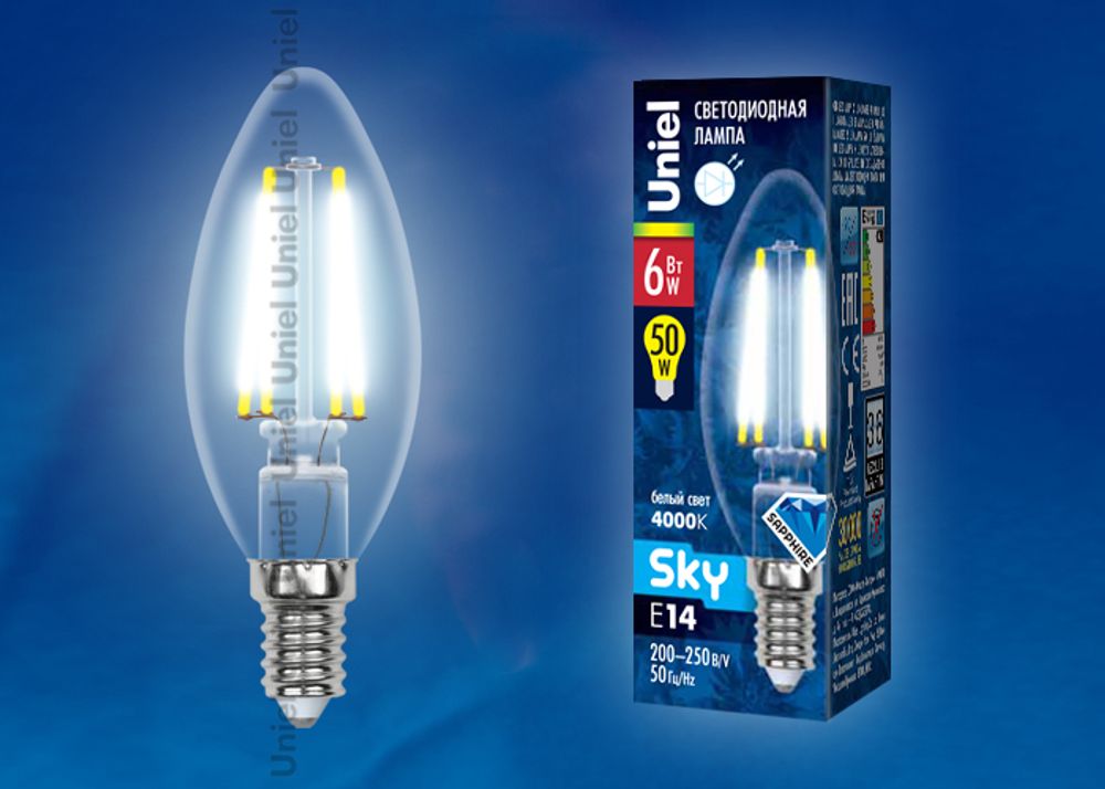 LED-C35-6W/NW/E14/CL PLS02WH Лампа светодиодная. Форма свеча, прозрачная. Серия Sky. Белый свет. Картон. ТМ Uniel