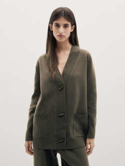 Massimo Dutti Длинный кардиган с пуговицами, серовато-зеленый