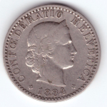 20 раппенов 1884 год. Швейцария. Никель VF-XF