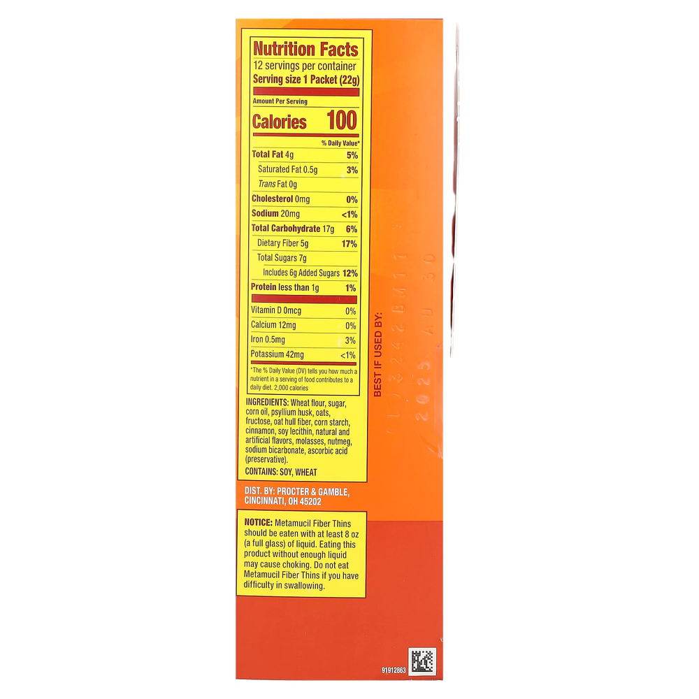 Metamucil, Fiber Thins, корица, 12 пакетиков по 22 г (0,77 унции)
