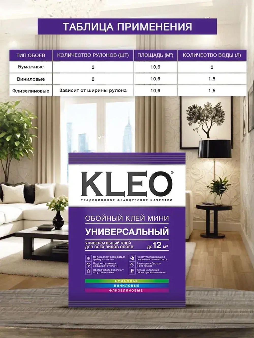 Клей для обоев универсальный KLEO MINI. Для наклеивания всех видов флизелиновых, виниловых, бумажных обоев/ Для внутренних работ. 60г. до 12 м. кв. 2 рулона
