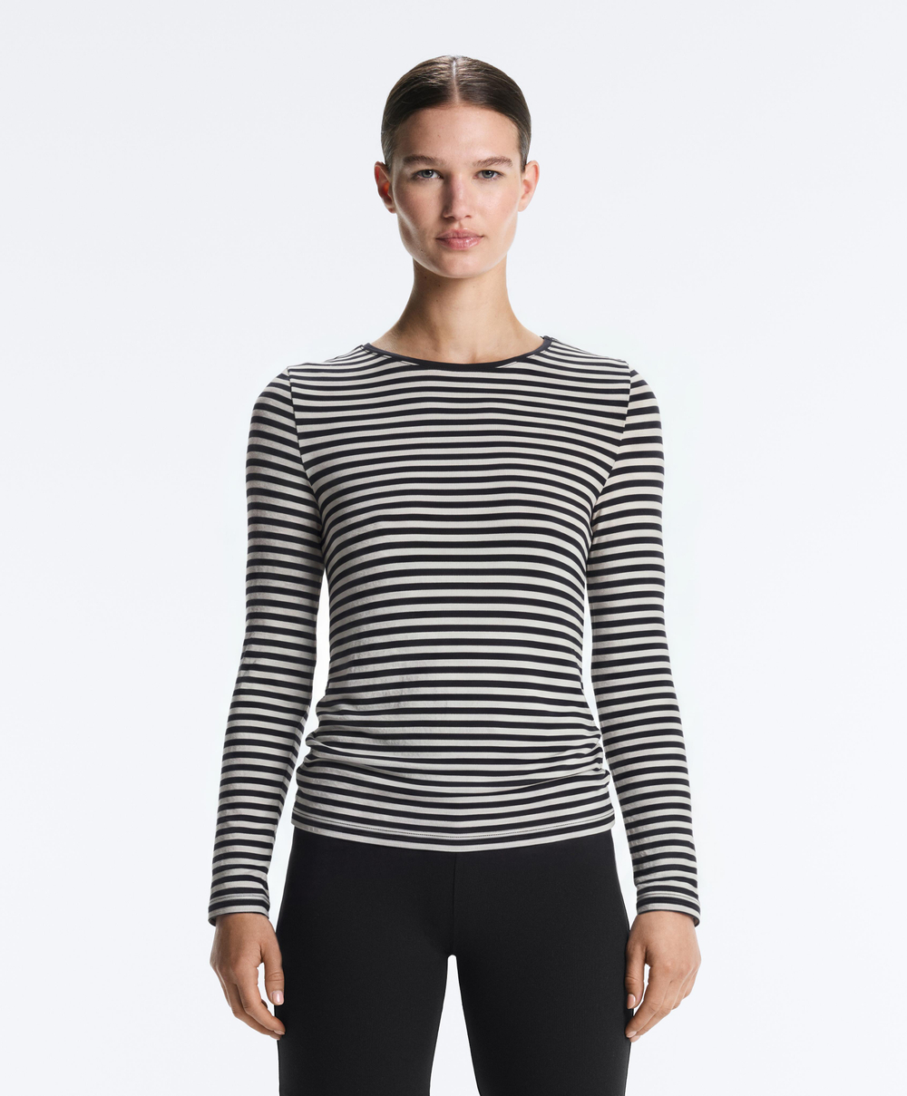 Oysho Футболка с длинным рукавом в полоску, облегающий крой, черный
