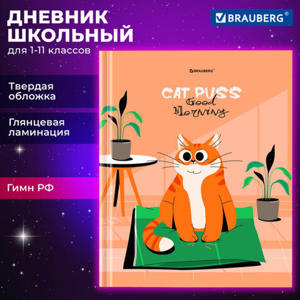 Дневник 1-11 класс 40 л., твердый, BRAUBERG, глянцевая ламинация, "Cute cat", 106852