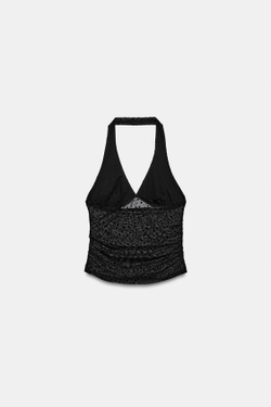 ZARA ТОП С ГОРЛОВИНОЙ ХАЛТЕР И УЗОРОМ PLUMETI, ЧЕРНЫЙ