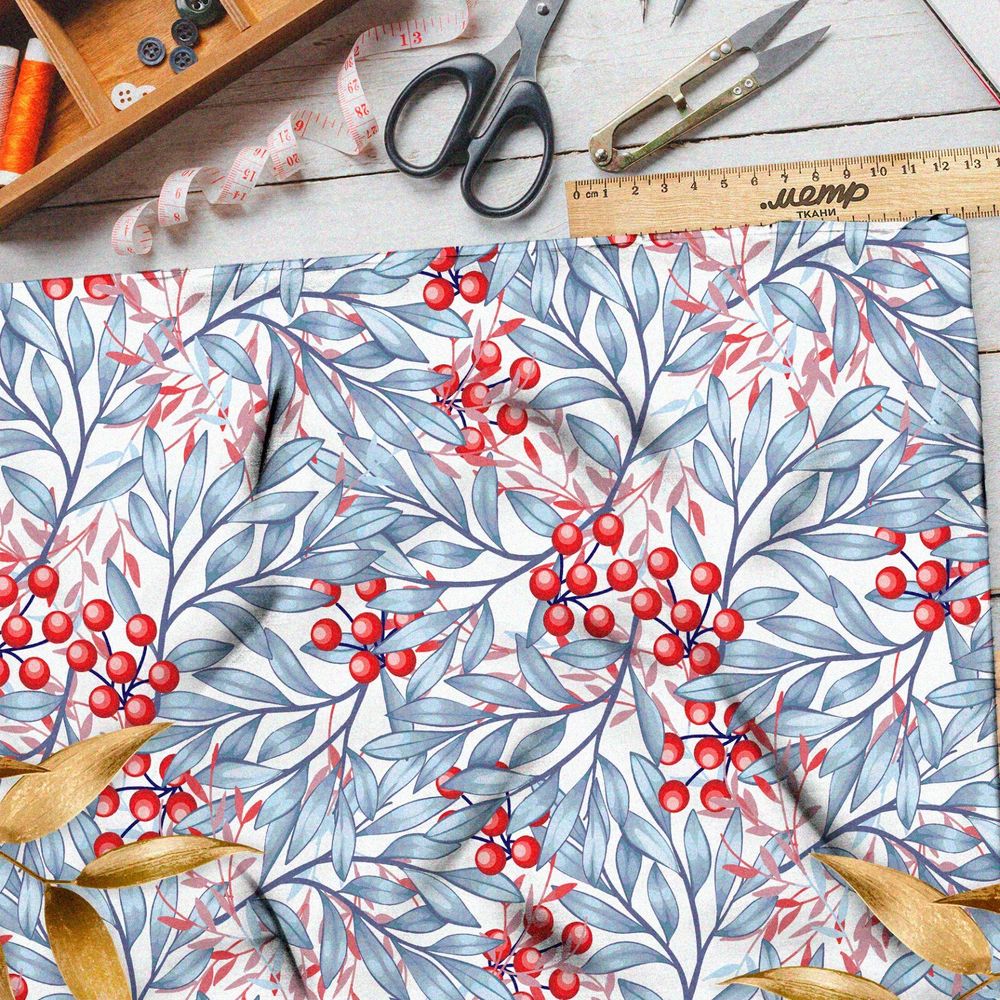 Ткань бифлекс рябина на белом фоне