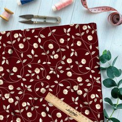 Ткань дюспо полевые цветы на бордовом фоне
