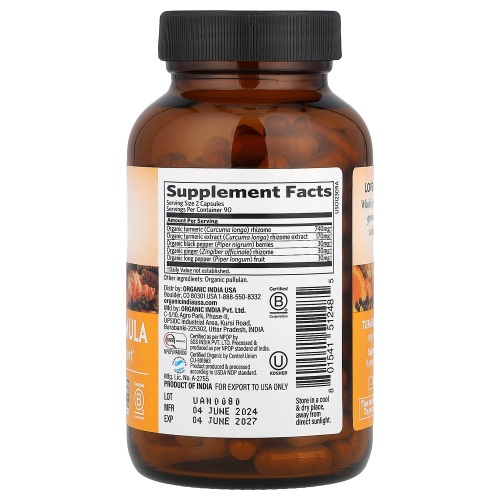 Organic India, Turmeric Formula, куркума, поддержка подвижности и здоровья суставов, 180 растительных капсул