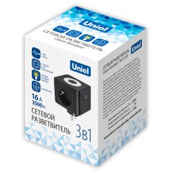 S-GES2-16SBUC BLACK Разветвитель сетевой с выключателем. с-з. 2 гнезда. 2USB+1TYPE C. 16А. 3500Вт. Черный. ТМ Uniel