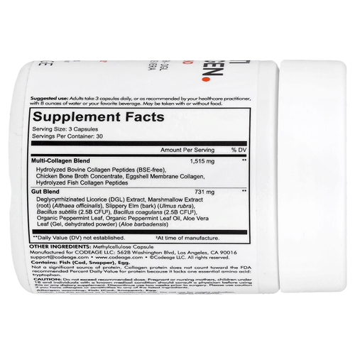 Codeage, смесь нескольких типов коллагена и кишечника, 90 капсул