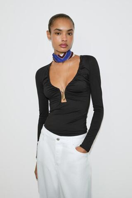ZARA ДРАПИРОВАННЫЙ ТОП ИЗ ПОЛИАМИДА, ЧЕРНЫЙ