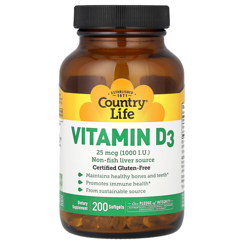 Country Life, Витамин D3, 1000 МЕ, 200 желатиновых капсул