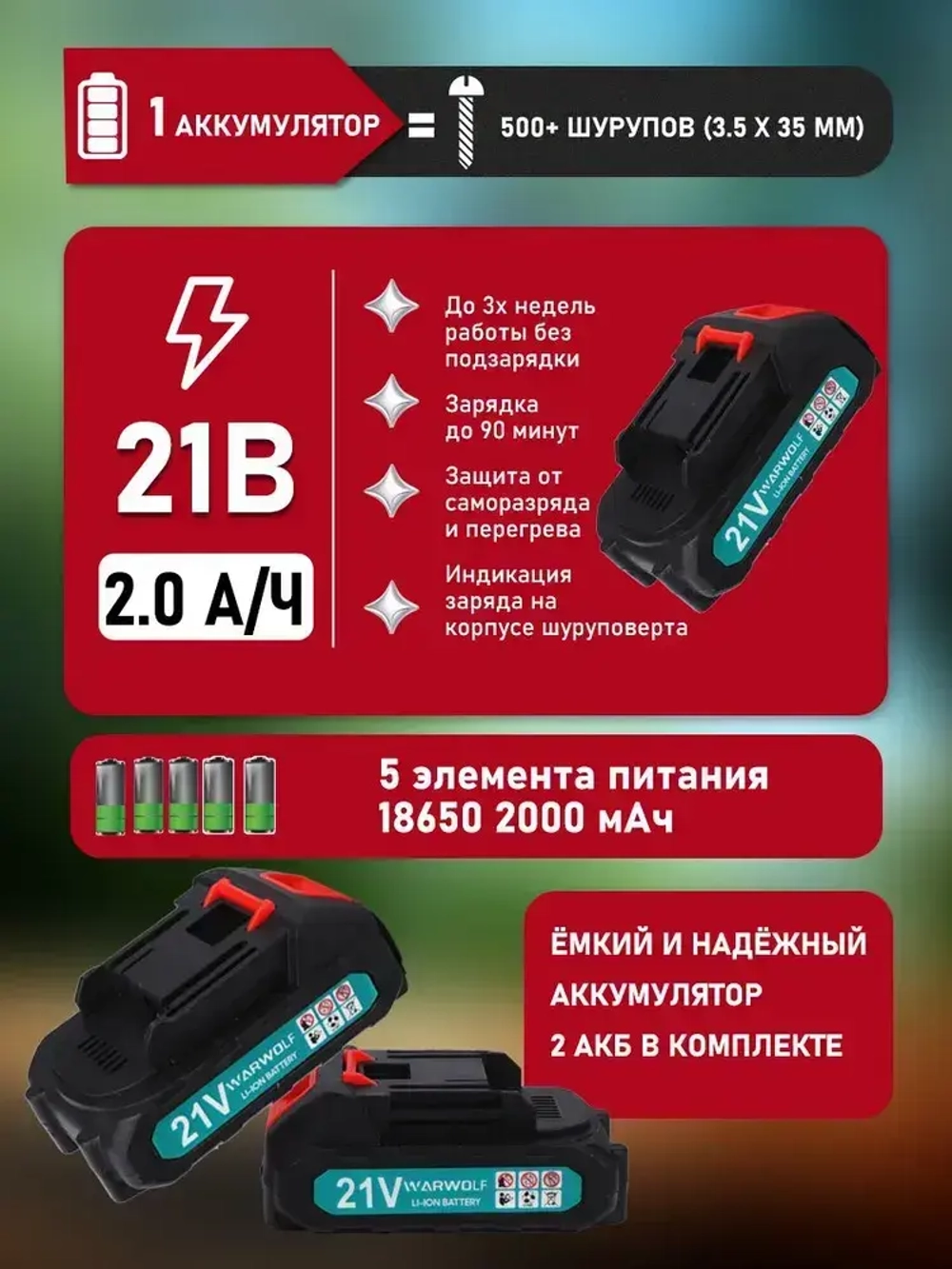 Дрель-шуруповерт аккумуляторный бесщеточный 21В, в кейсе, 2 АКБ 2.0 а/ч, многофункциональный 80 H/M для долбления, сверления, закручивания