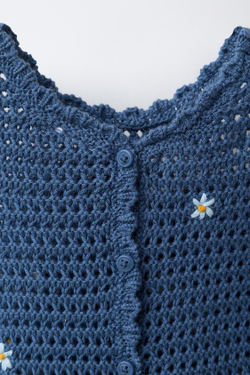 ZARA КОМБИНЕЗОН ВЯЗАНЫЙ АЖУРНЫЙ С ВЫШИТЫМИ ЦВЕТАМИ, СИНИЙ