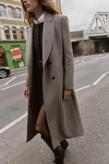 ZARA ДЛИННОЕ ДВУБОРТНОЕ ПАЛЬТО, ТЕМНЫЙ СЕРО-КОРИЧНЕВЫЙ
