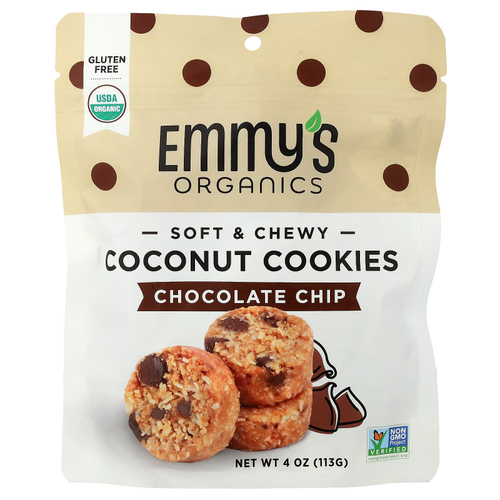 Emmy's Organic Cookies, мягкое жевательное печенье с кокосом, шоколадная крошка, 113 г (4 унции)