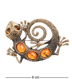 AM-2115 Брошь «Ящерица» (латунь, янтарь)