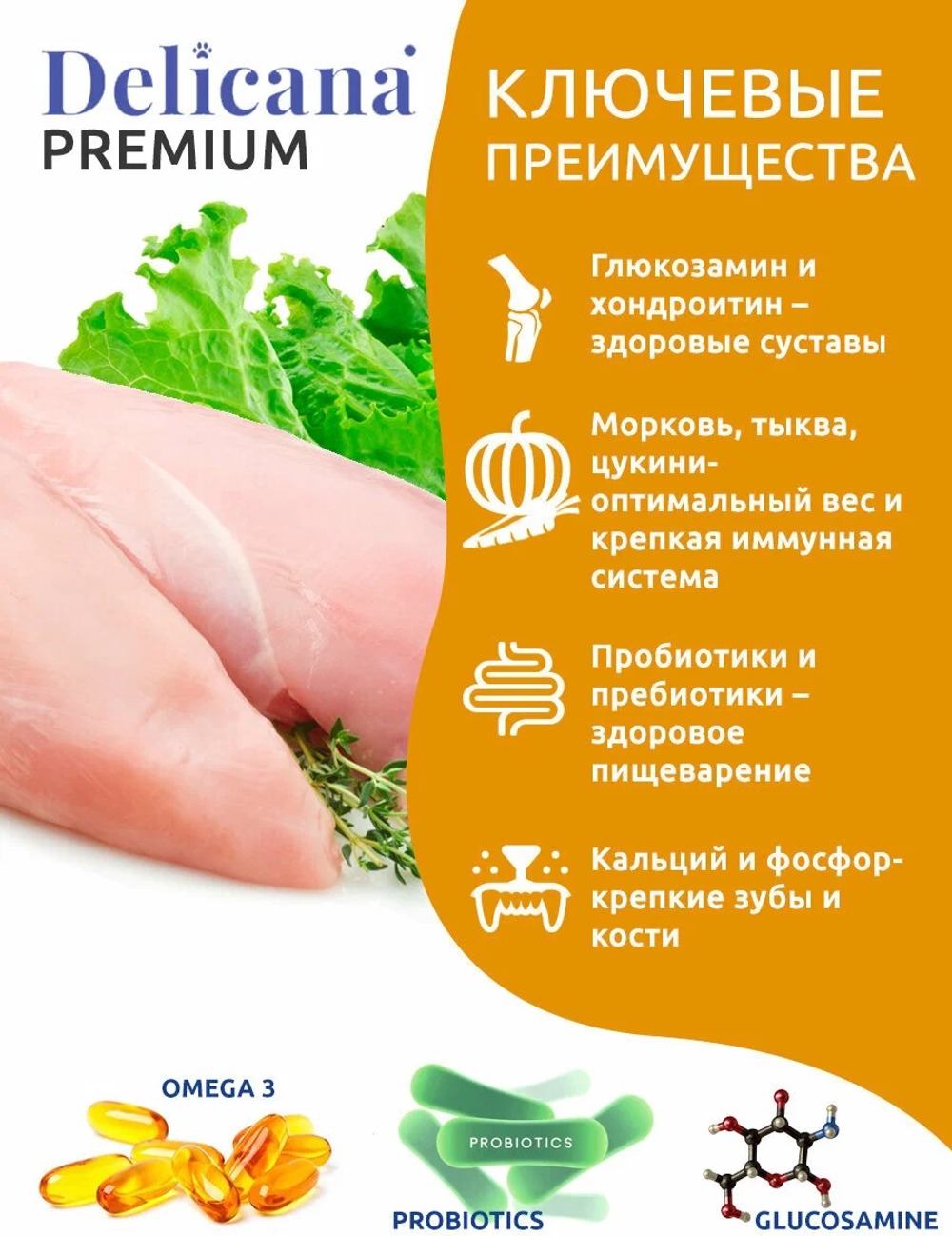 Cухой полнорационный корм для взрослых собак средних пород курица с овощами Delicana 15кг