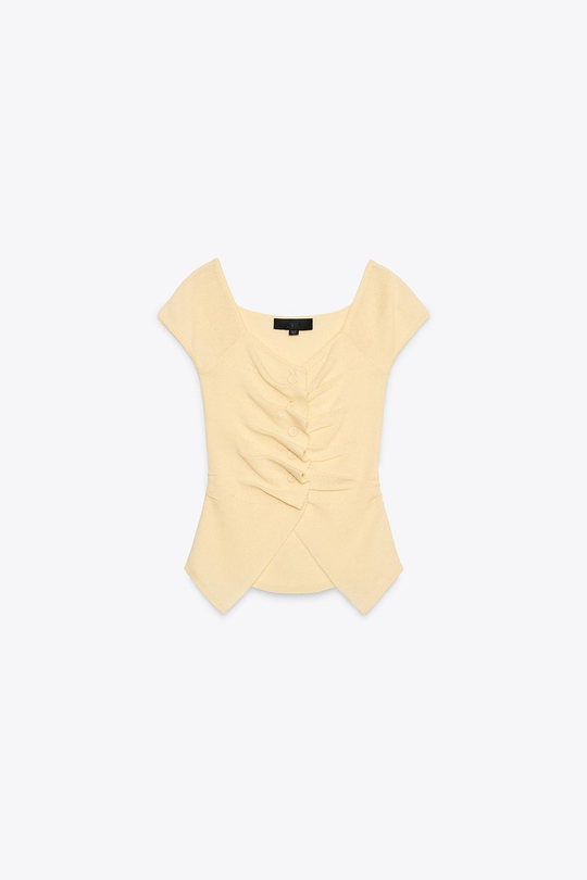 ZARA ТРИКОТАЖНЫЙ ТОП СО СБОРКАМИ, ЖЕЛТЫЙ