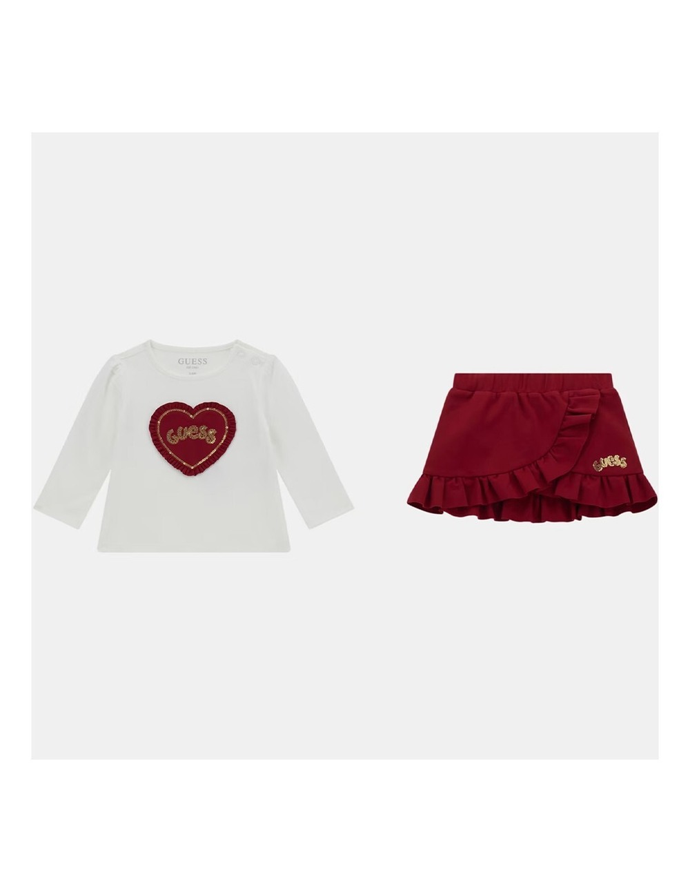 Футболка с длинным рукавом + юбка GUESS Экрю/Красный/Аппликация: красное сердце/Золотые пайетки Девочка