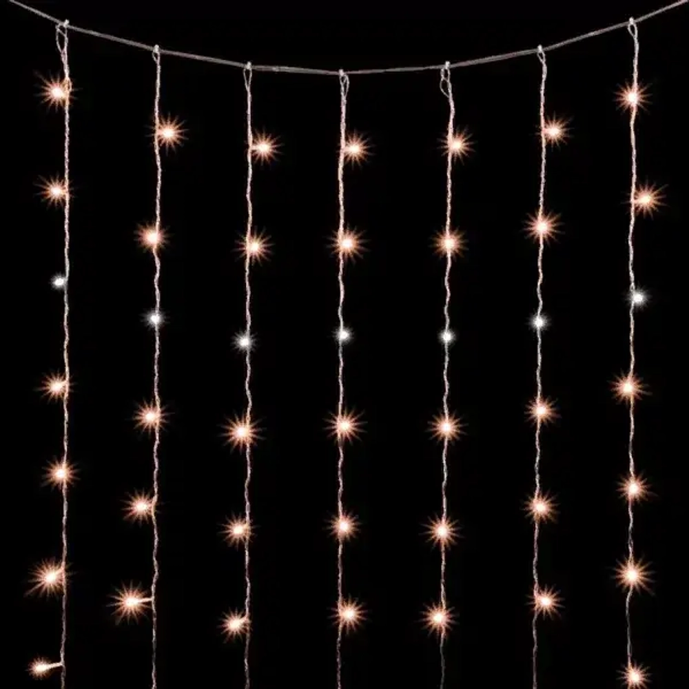 Светодиодный занавес 2*2 м., 400 экстра теплых белых LED ламп, мерцание, облегченный, прозрачный провод ПВХ, LTC (PCL400NOTBLW-10-2EWW)