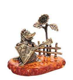 Народные промыслы AM-1084 Фигурка «Лиса с балалайкой у подсолнуха» (латунь, янтарь)