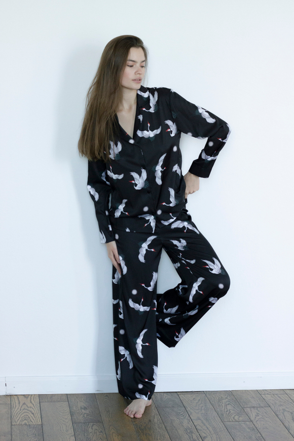 Блуза из натурального шелка с журавлями